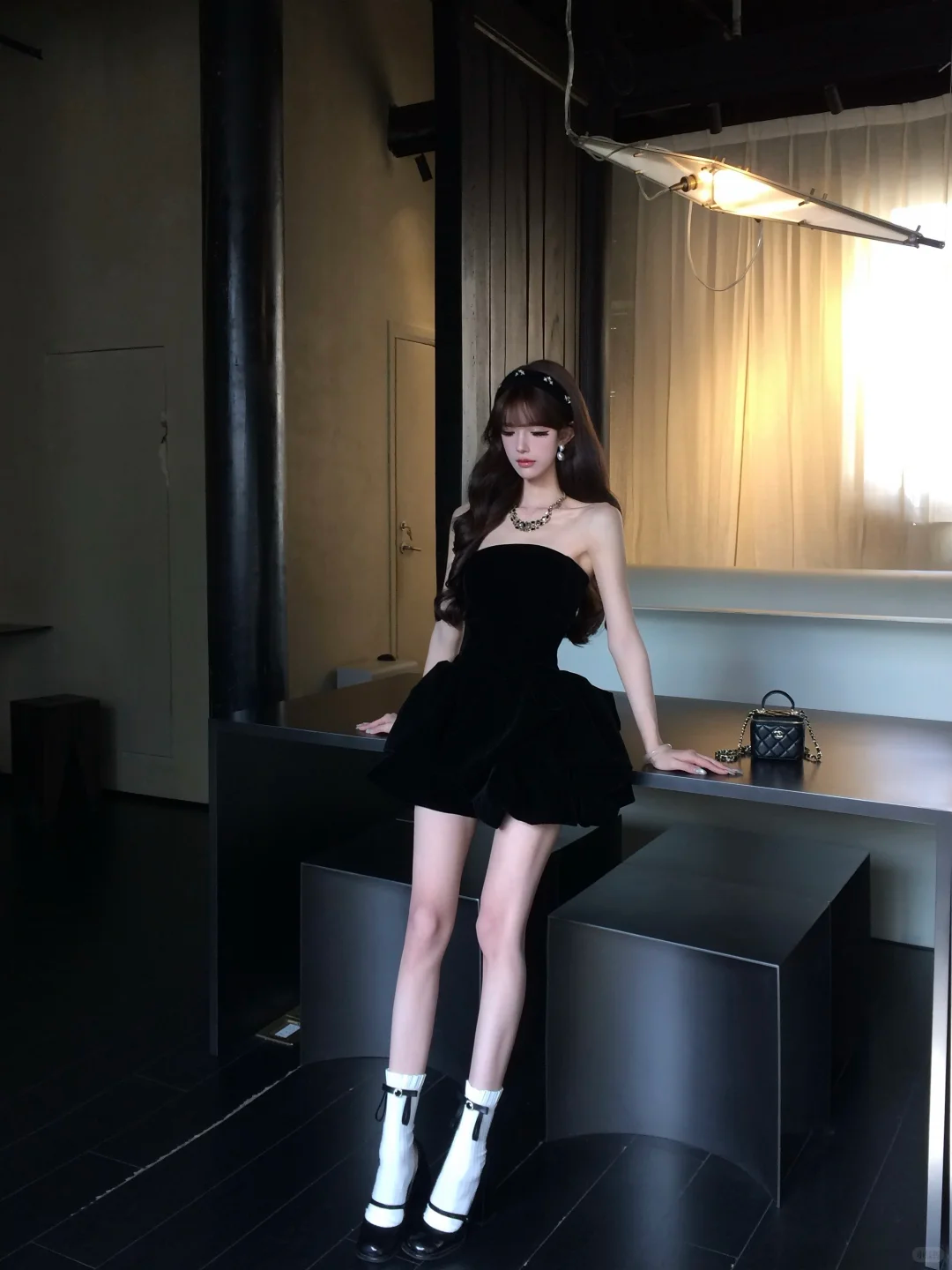 Women Retro Black Strapless Homecoming Dress Velvet High Waist Layered Ruffle Puffy Short Party Dress gh9429