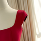 Burgundy Square Neck Cap Sleeve Midi Evening Gown, Fitted Waist, Full A‑Line Swing Skirt, Matte Crepe Formal Party Prom Dress gh8922