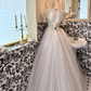Ivory V-Neck Silver Sequin Waist-Cinched Fitted Elegant Sexy Full Flared Romantic Dress, Wedding Gown gh7533