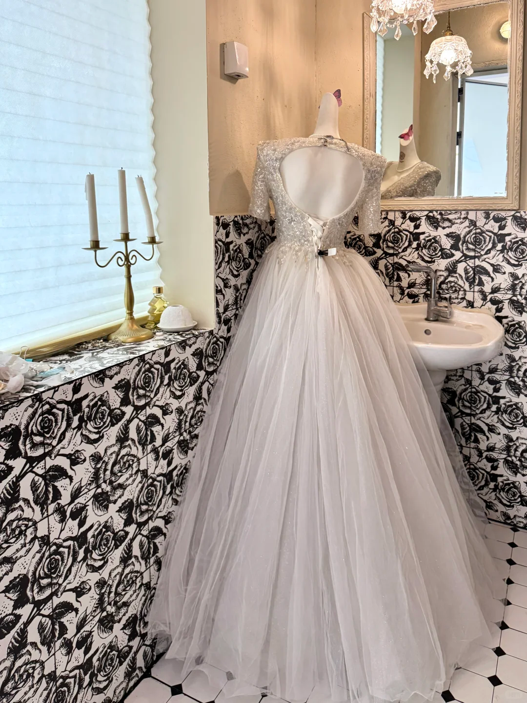 Ivory V-Neck Silver Sequin Waist-Cinched Fitted Elegant Sexy Full Flared Romantic Dress, Wedding Gown gh7533