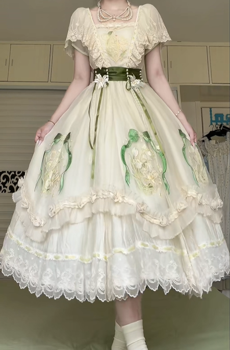 Cottagecore Lolita Ball Gown, Square Neck Lace Ruffle Short Sleeve Floral Print Tiered Cake Skirt Formal Party Dress with Green Satin Pearl Waist Sash gh8965