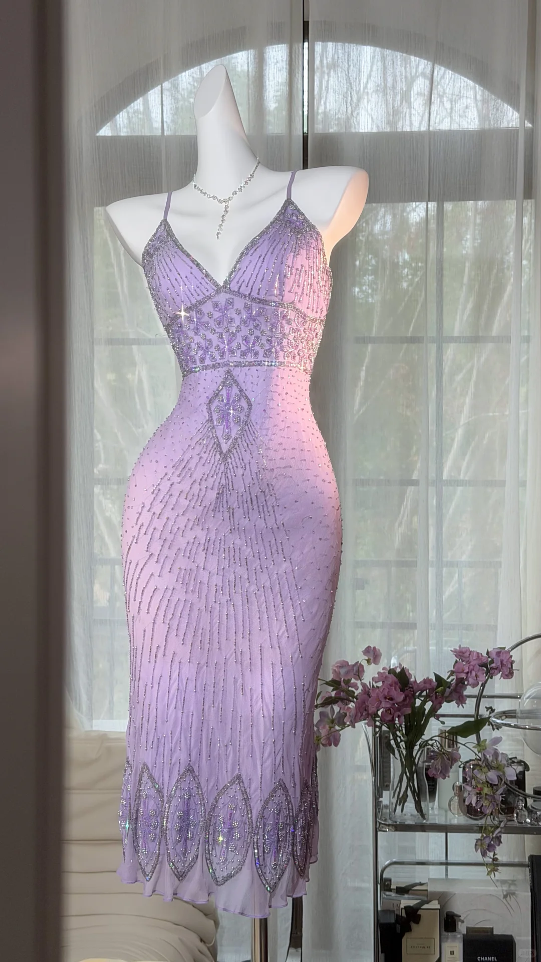 Lavender V-Neck Spaghetti Strap Vintage Geometric Beaded Bodycon Midi Evening Dress gh9523