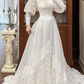 Ivory Vintage Lace A‑Line Wedding Prom Dress, Sweetheart V‑Neck, Lace Puff Long Sleeves, Full Lace Long Train gh8700