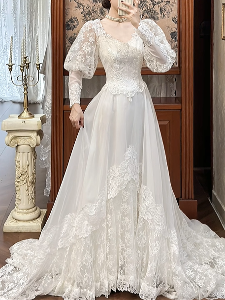 Ivory Vintage Lace A‑Line Wedding Prom Dress, Sweetheart V‑Neck, Lace Puff Long Sleeves, Full Lace Long Train gh8700