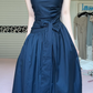 Navy Blue Strapless Tube Top Long Evening Gown, Folded Bandeau Neckline, Waist Bow Sash Tie, Side Pockets, Gathered Floor‑Length Maxi Skirt, Formal Prom Dress gh8931