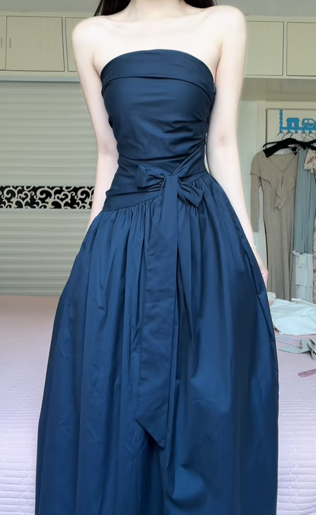 Navy Blue Strapless Tube Top Long Evening Gown, Folded Bandeau Neckline, Waist Bow Sash Tie, Side Pockets, Gathered Floor‑Length Maxi Skirt, Formal Prom Dress gh8931