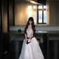 White Strapless Lace Long Evening Dress with Black Bow gh9413