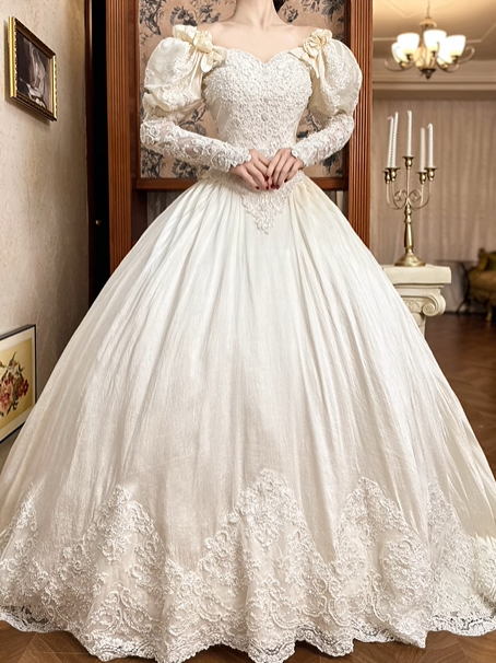 Ivory Vintage Wedding Ball Gown, Off‑the‑Shoulder Puff Short Sleeves With 3D Bows, Sweetheart Neck, Sheer Lace Long Sleeves, Beaded Lace Appliqués Fitted Bodice, Voluminous A‑Line Skirt With Scalloped Lace Hem, Prom Dress gh8659