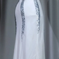 Sleeveless V Neck White Chiffon Evening Dress, Silver Sequin Accent Midi Formal Gown gh9904