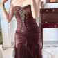 Wine‑Brown Vintage Strapless Sweetheart Prom Gown, Exquisite Rhinestone Applique On Bust, Ruched Tulle Bodice & Waist, Irregular Layered Ruffled Tulle Mermaid Floor‑Length Evening Dress gh8822