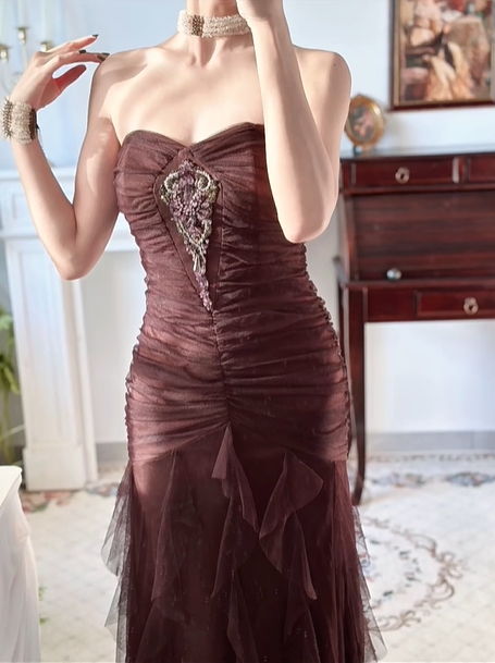 Wine‑Brown Vintage Strapless Sweetheart Prom Gown, Exquisite Rhinestone Applique On Bust, Ruched Tulle Bodice & Waist, Irregular Layered Ruffled Tulle Mermaid Floor‑Length Evening Dress gh8822