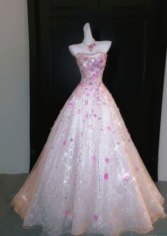 ✨Girlhomeshops-Nude Pink 3D Flower Strapless Ball Gown Prom Dress gh10189