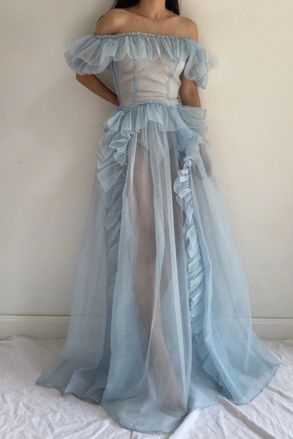 girlhomeshops-Blue Romantic Tulle Gown Long Pastel Toned Fairytale Dress gh5970
