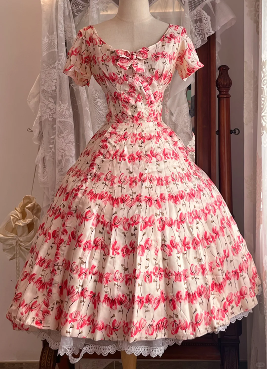 Vintage Floral Print Short Gown, Square Neck A-Line Party Dress gh9310
