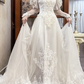 Ivory Vintage Tulle Ball Gown Wedding Prom Dress, Lace High Neck Illusion Sweetheart, Leg‑of‑Mutton Lace 3/4 Sleeves, Pearl Lace Appliqués, Lace Ruffled Long Train gh8691