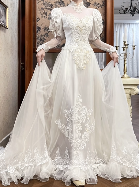 Ivory Vintage Tulle Ball Gown Wedding Prom Dress, Lace High Neck Illusion Sweetheart, Leg‑of‑Mutton Lace 3/4 Sleeves, Pearl Lace Appliqués, Lace Ruffled Long Train gh8691