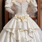 Ivory Vintage Wedding Ball Gown, Off‑the‑Shoulder Puff Short Sleeves With 3D Bows, Sweetheart Neck, Sheer Lace Long Sleeves, Beaded Lace Appliqués Fitted Bodice, Voluminous A‑Line Skirt With Scalloped Lace Hem, Prom Dress gh8659