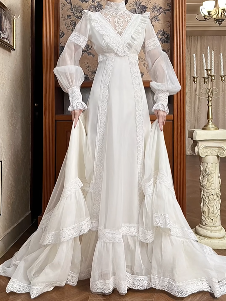 Ivory Vintage Lace Wedding Gown, Mock Neck Illusion Lace Keyhole V‑Neck, Puff Lantern Long Sleeves With Ruffle Cuffs, High Waist Lace Trim Long Train, Tiered Ruffle Flared Skirt, Prom Dress gh8656