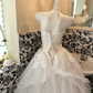 White Strapless Printed Waist-Cinched Puffy Skirt Romantic Dress, Wedding Gown gh7569