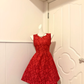 Red Floral Jacquard Sleeveless Short Cocktail Dress, Round Neck A‑Line Homecoming Party Gown gh9173