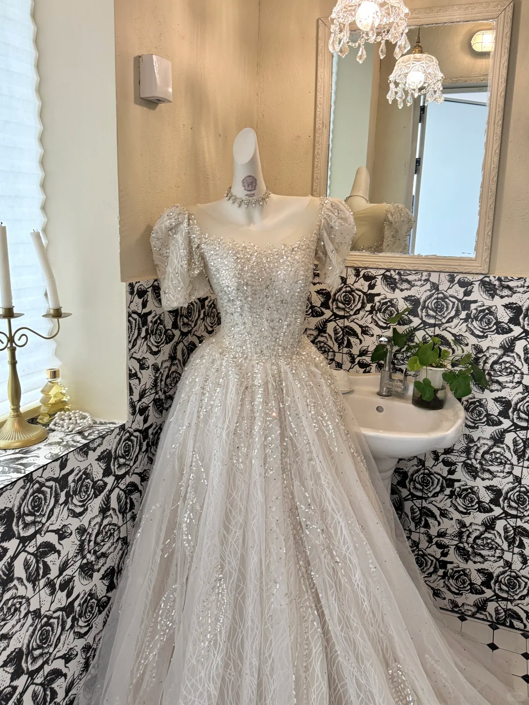 White Puff Sleeve Square Neck Waist-Cinched Full Flared Long Romantic Dress, Wedding Gown gh7678