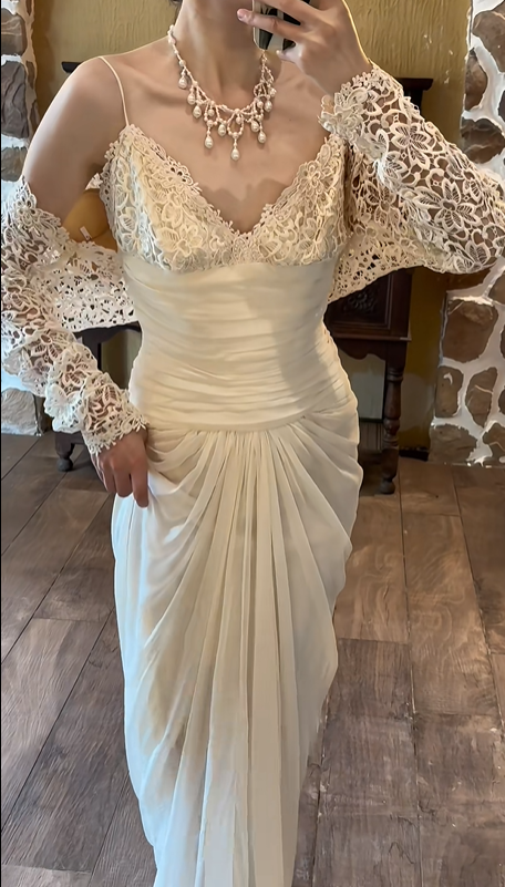 Ivory White Vintage Greek Wedding Gown, V‑Neck Lace Slip Dress With Detachable Hollow Lace Long‑Sleeve Bolero Ruched Waist Draped Chiffon Bridal Dress gh9079