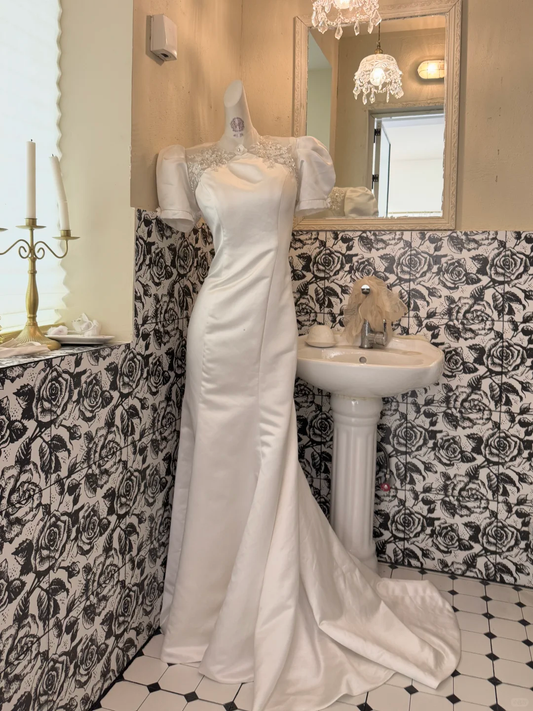 White Puff Sleeve Waist-Cinched Figure-Flattering Bodycon Sexy Long Romantic Dress, Wedding Gown gh7776