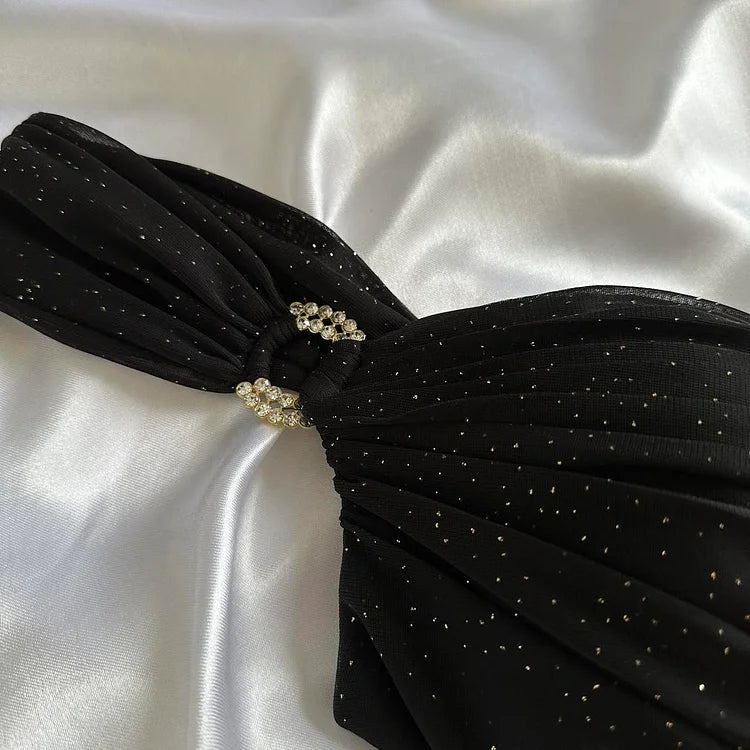 Robe de soirée longue en mousseline de soie noire brillante et élégante gh4232