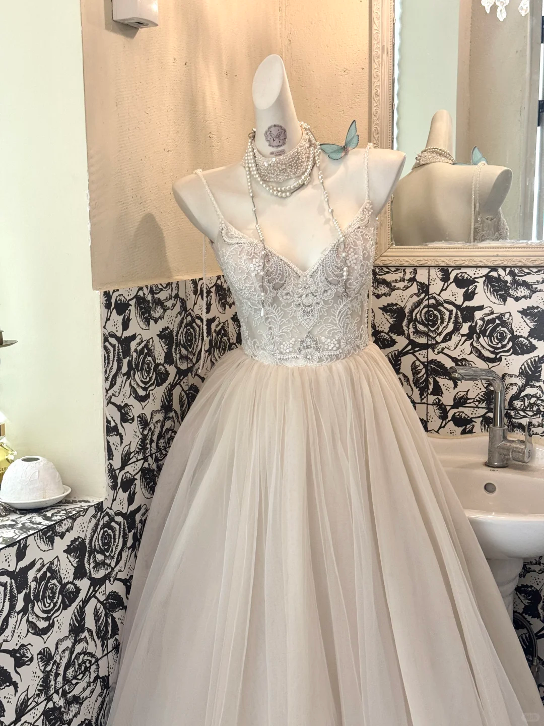 Ivory Spaghetti Strap Waist-Cinched Beaded Embroidered Elegant Long Romantic Dress, Wedding Gown gh7514
