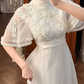 Ivory Vintage Tulle Wedding Gown, High Neck, Flare Mid‑Sleeves, 3D Floral Lace Appliqués, Empire High Waist, Multi‑Ruffle Hem Long Train Prom Dress gh8635