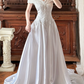 Ivory Vintage Satin Wedding Gown, V‑Neck Off‑The‑Shoulder Pleated Cape Sleeves, Heavy Lace Appliqué Fitted Bodice, A‑Line Long Train With Lace Hem, Prom Dress gh8634