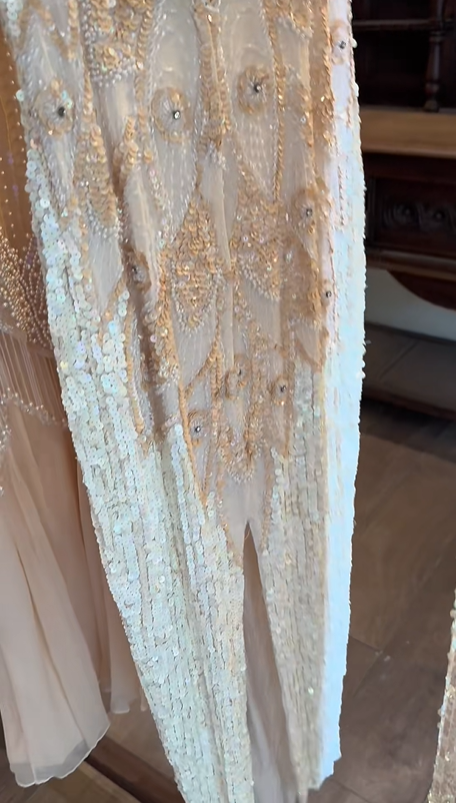 Ivory Gold Gatsby Vintage Mermaid Evening Gown, Beaded Tassel Neck Cutout Deep V Cap Sleeve Sequin Beaded Embroidery Formal Party Dress gh9068