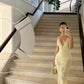 Yellow V-neck sequined mermaid slim long tulle ball gown evening dress party dress gh3020