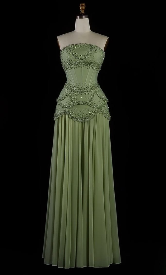 ✨Girlhomeshops-Strapless Sage Green Boned Corset Beaded Chiffon Long Prom Gown gh10232