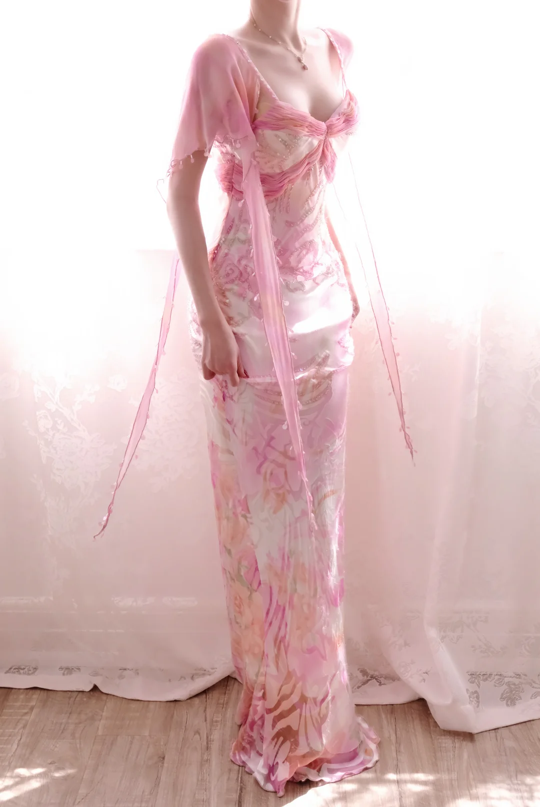 Pink Floral Mermaid Prom Dress Sweetheart Neck Spaghetti Straps Beaded Evening Gown with Chiffon Cape gh9593