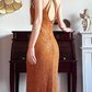 Caramel‑Orange‑Sparkly‑Vintage Halter‑V‑Neck All‑Over‑Hand‑Beaded‑Sequin Bodycon Floor‑Length Column‑Mermaid Evening Prom Gown gh8816