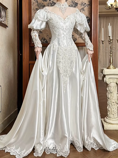 White Vintage Satin Wedding Gown, High Neck Tassel Lace Collar, Off‑the‑Shoulder Puff Sleeves With Sheer Lace Long Sleeves, Sweetheart Neck, Heavy Lace Appliqués Fitted Bodice, A‑Line Satin Long Train With Scalloped Lace Hem, Prom Dress gh8663