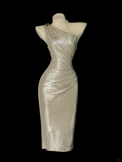 Champagne Gold Metallic One‑Shoulder Midi Evening Gown, Rhinestone Floral Shoulder Accent, Diagonal Ruched Waist, Fitted Bodycon Midi Dress, Retro Sexy Cocktail Prom Party Dress gh8880