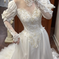 Ivory Vintage Tulle Ball Gown Wedding Prom Dress, Lace High Neck Illusion Sweetheart, Leg‑of‑Mutton Lace 3/4 Sleeves, Pearl Lace Appliqués, Lace Ruffled Long Train gh8691