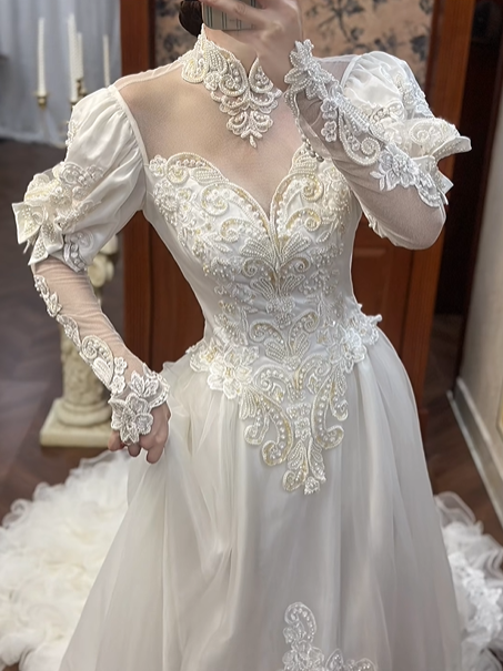 Ivory Vintage Tulle Ball Gown Wedding Prom Dress, Lace High Neck Illusion Sweetheart, Leg‑of‑Mutton Lace 3/4 Sleeves, Pearl Lace Appliqués, Lace Ruffled Long Train gh8691