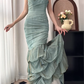 Dusty‑Mint‑Green‑Vintage‑Gown Spaghetti‑Strap Sweetheart‑Neck Full‑Cross‑Ruched‑Design Bodycon‑Mermaid Multi‑Layer‑Irregular‑Ruffled‑Cake‑Skirt Crinkled‑Chiffon‑Fabric Retro‑Evening‑Prom‑Dress gh8833