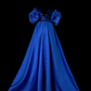 Royal Blue Vintage Ball Gown, Off‑Shoulder Puff Short Sleeves, Sequin Sweetheart Bodice, Fitted Waist, Satin A‑Line Floor‑Length Skirt, Princess Prom Evening Dress gh8881