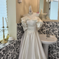 White Off-the-Shoulder Satin Cloud Neckline Waist-Cinched Fitted Elegant Romantic Dress, Wedding Gown gh7543