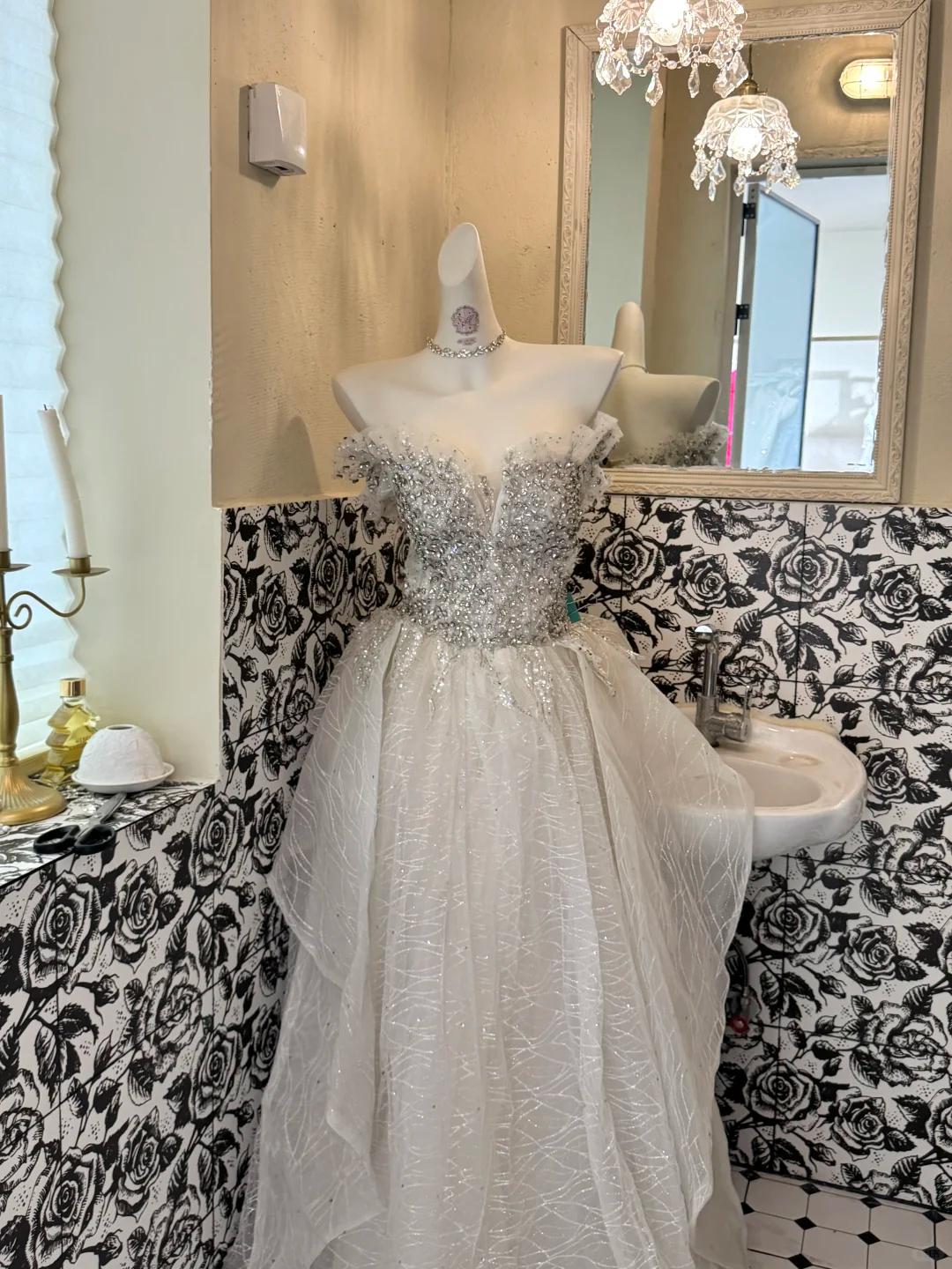 Ivory Strapless Waist-Cinched Gown with Silver Embellishments, Full Flared Long Vintage Romantic Dress, Wedding Gown gh7563