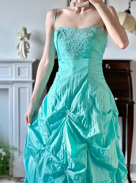 Mint‑Green‑Vintage‑Gown Spaghetti‑Straps Beaded‑Rhinestone‑Bodice Hand‑Gathered‑Voluminous‑Skirt Crinkled‑Shiny‑Taffeta‑Fabric Retro‑Puffy‑Floor‑Length‑Prom‑Evening‑Dress gh8840