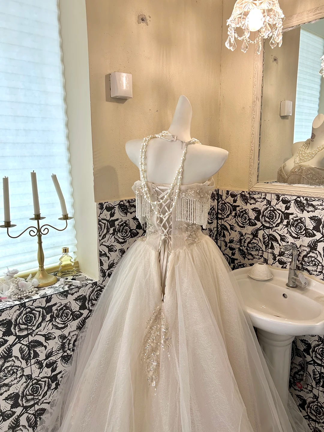 Ivory Strapless Tasseled Waist-Cinched Voluminous Skirt Long Romantic Dress, Wedding Gown gh7744