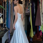 White Strapless Tube Long Formal Gown Satin Black Bow Decor A-Line Evening Dress gh9660