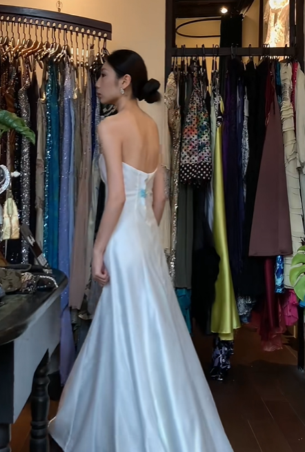 White Strapless Tube Long Formal Gown Satin Black Bow Decor A-Line Evening Dress gh9660
