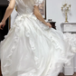 Ivory Vintage Off‑Shoulder 3D‑Floral‑Lace Satin A‑Line Soft Train Wedding Dress gh8788