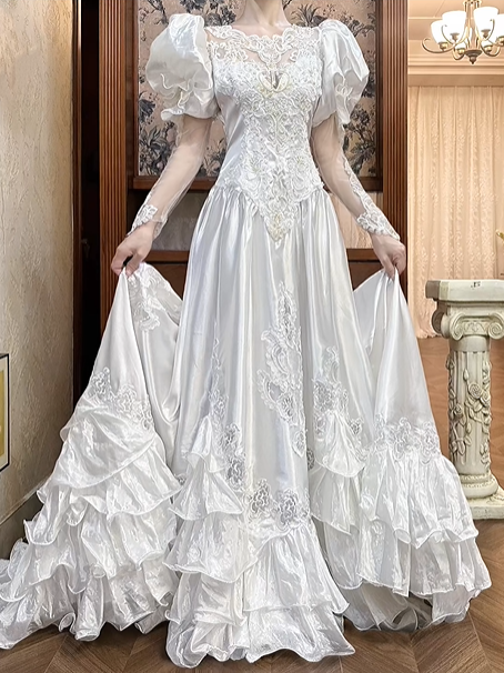 White Vintage Satin Multi‑Layer Long Train Wedding Prom Dress, Mock Two‑Piece Lace V‑Neck, Puff Over‑Sleeves Lace Inner Sleeves, Baroque Lace Appliqués gh8709